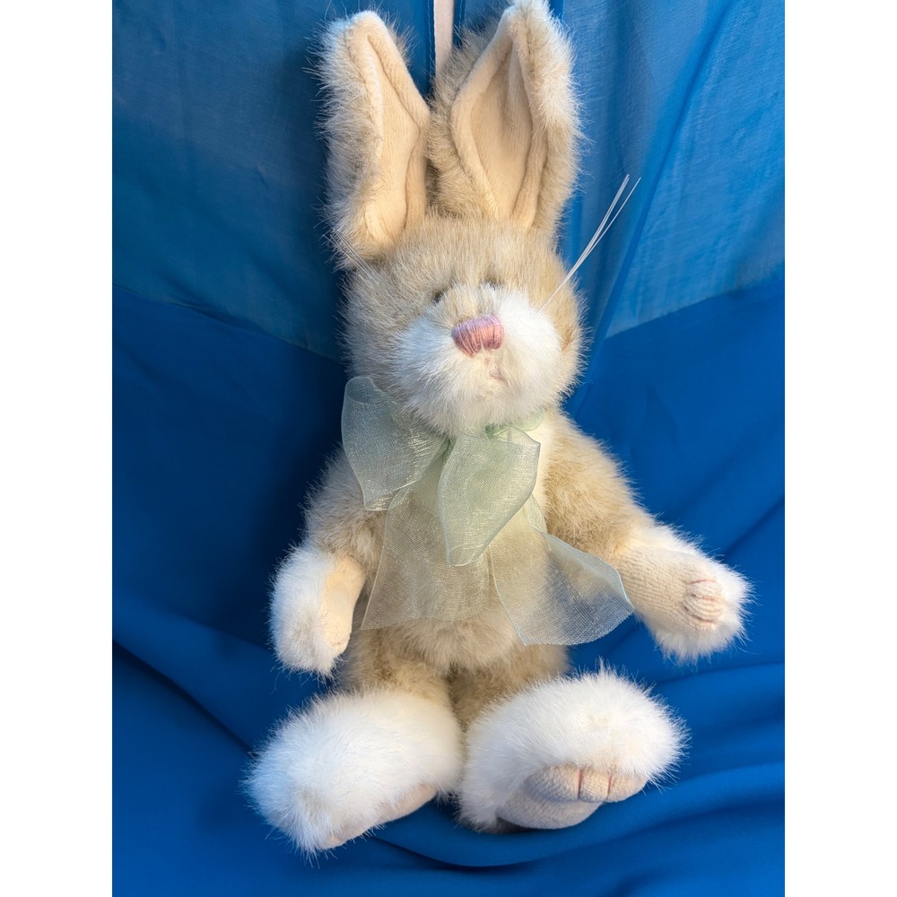 Boyds Collection Plush Bunny Rabbit Tan White Faux Fur Green Bow 10 inch Stuffed